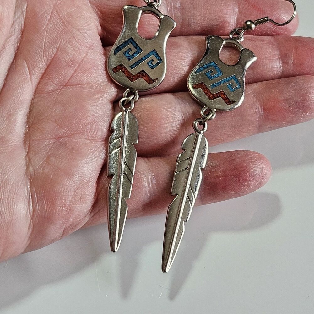 Vintage Silver Tone Southwestern Turquoise Coral Dangling Feather Earrings